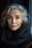 ai genererad porträtt av en eleganta äldre kvinna. de begrepp av åldring foto