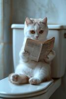 ai genererad en inhemsk katt är Sammanträde på de toalett och läsning en tidning foto