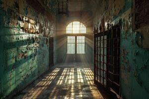 ai genererad ett gammal övergiven fängelse. en rum med barer foto
