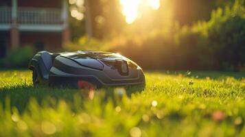 ai genererad en robot gräsmatta gräsklippare står på de gräsmatta nära de hus på solnedgång foto