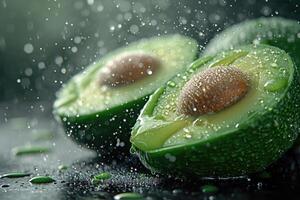 ai genererad en grön avokado skära i halv och stänk av vatten på en mörk bakgrund foto