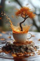 ai genererad en kopp av kaffe inskriven i en overkligt tredimensionell bakgrund. 3d illustration foto