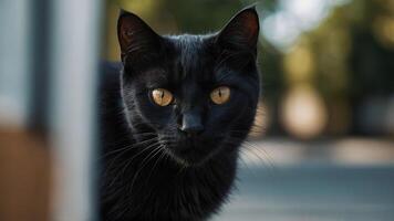 ai genererad en närbild Foto fångar de intensiv blick av en svart katt med slående gul ögon. de kattens päls är elegant och skinande, och de fokus skärper de detaljer av dess ansikte