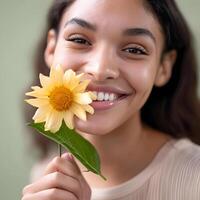 ai genererad Lycklig vår blommig bakgrund närbild porträtt av smiley flicka med innehav vår blomma foto