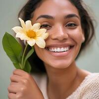 ai genererad Lycklig vår hälsning bakgrund smiley kvinna innehav blomma foto