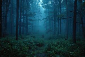 ai genererad mystisk dimmig mörk skog på natt foto