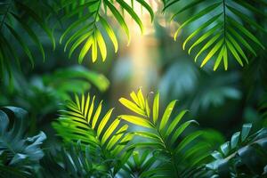 ai genererad grön handflatan löv i tropisk skog på solnedgång, naturlig bakgrund och textur foto