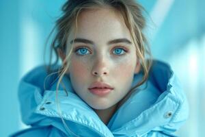 ai genererad porträtt av en flicka med blå ögon i blå kläder inomhus foto