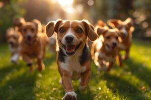 ai genererad löpning beagle hundar springa på de grön gräs i sommar foto