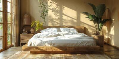 ai genererad ljus och mysigt modern sovrum med trä- stor säng. glättning morgon- ljus med modern dekoration. 3d framställa foto