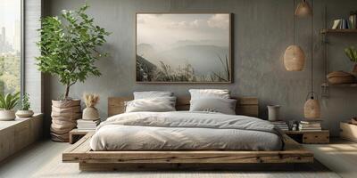 ai genererad ljus och mysigt modern sovrum med trä- stor säng. glättning morgon- ljus med modern dekoration. 3d framställa foto