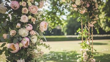 ai genererad bröllop dekoration med pioner, blommig dekor och händelse firande, pion blommor och bröllop ceremoni i de trädgård, engelsk Land stil foto