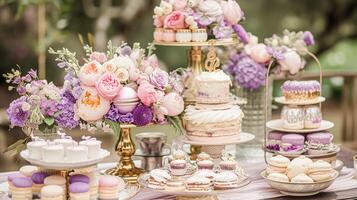 ai genererad bröllop dekor med lavendel- tema, blommig dekoration design och skön dekor miljö arrangemang foto