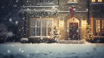 ai genererad jul i de landsbygden herrgård, engelsk Land hus herrgård dekorerad för högtider på en snöig vinter- kväll med snö och Semester lampor, glad jul och Lycklig högtider foto