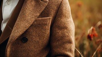 ai genererad herrkläder höst vinter- Kläder och tweed tillbehör samling i de engelsk landsbygden, man mode stil, klassisk herre se foto