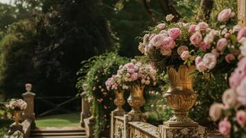 ai genererad bröllop dekoration med pioner, blommig dekor och händelse firande, pion blommor och bröllop ceremoni i de trädgård, engelsk Land stil foto