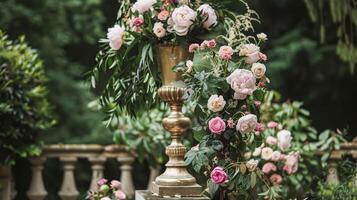 ai genererad bröllop dekoration med pioner, blommig dekor och händelse firande, pion blommor och bröllop ceremoni i de trädgård, engelsk Land stil foto