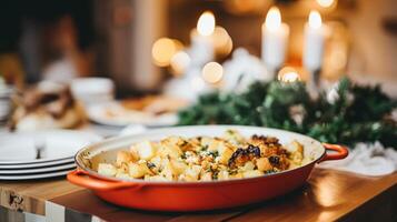 ai genererad vinter- Semester måltid för middag firande meny, huvud kurs festlig maträtt för jul, familj händelse, ny år och högtider, engelsk Land mat recept foto