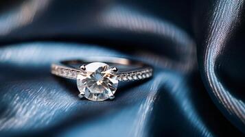 ai genererad smycke, förslag och Semester gåva, diamant engagemang ringa på silke tyg, symbol av kärlek, roman och engagemang foto