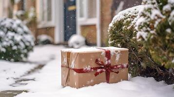 ai genererad jul gåva leverans, post service och Semester närvarande uppkopplad handla, insvept paket låda på en Land hus tröskel i en snöar vinter, generativ ai foto