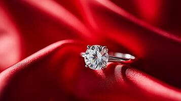 ai genererad smycke, förslag och Semester gåva, diamant engagemang ringa på röd silke satin tyg, symbol av kärlek, roman och engagemang foto