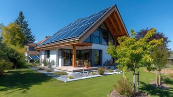 ai genererad modern miljövänlig hus med sol- paneler på tak i solig förorts grannskap foto