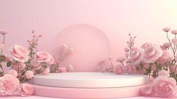ai genererad runda produkt visa podium med rosa blommor foto