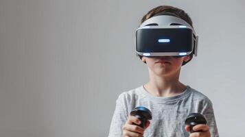ai genererad en pojke spelar video spel använder sig av vr glasögon isolerat på vit bakgrund foto