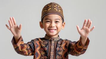ai genererad Lycklig söt asiatisk pojke hälsning Ramadhan foto