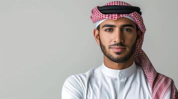 ai genererad porträtt av ung arab man, ung arab affärsman på vit bakgrund foto