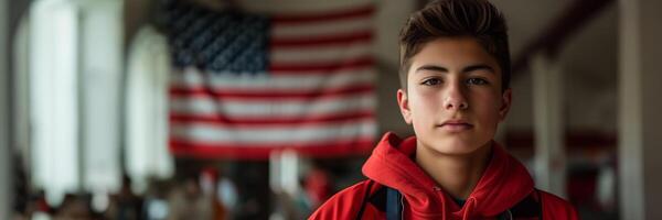 ai genererad porträtt av en omtänksam ung caucasian pojke med en suddig amerikan flagga i de bakgrund, begrepp av ungdomlig patriotism eller nationell Semester firande foto