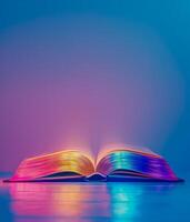 ai genererad öppen bok med upplyst färgrik sidor på en reflekterande yta med en blå till lila lutning bakgrund, skildrar begrepp av fantasi, kreativitet, eller fantasi foto