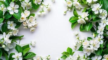 ai genererad elegant ram av vit vår blommar på en ljus bakgrund, idealisk för bröllop inbjudningar eller säsong- begrepp foto