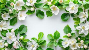 ai genererad färsk äpple blommar med frodig grön löv på en vit bakgrund, symboliserar vår förnyelse eller mödrar dag blommig begrepp foto