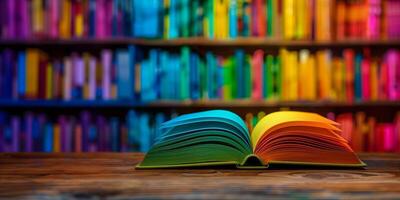 ai genererad öppen bok på en trä- tabell mot en färgrik bokhylla bakgrund, representerar utbildning, kunskap, och värld bok dag foto