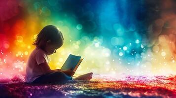ai genererad barn uppslukad i läsning en bok med färgrik bokeh lampor i de bakgrund, skildrar fantasi och utbildning koncept, lämplig för internationell kunnighet dag kampanjer foto