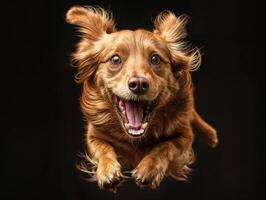 ai genererad Lycklig hund på en svart bakgrund Hoppar i mitten luft foto