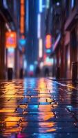 ai genererad regnig våt golv stad gata på natt neon ljus, kyla och Häftigt rörelse foto