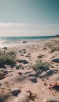 ai genererad sommar på de strand bakgrund sammanfoga i en tropisk, TV konst, vägg konst, Utsmyckad med semester festlig Semester foto