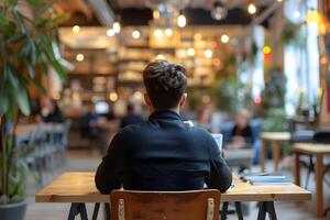 ai genererad person Arbetar oberoende av i en bekväm coworking Plats, upptäckt fokus foto