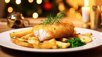 ai genererad fisk och pommes frites för vinter- Semester middag, traditionell brittiskt kök recept i engelsk Land Hem, högtider firande och hemlagad mat foto