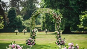 ai genererad bröllop dekoration med pioner, blommig dekor och händelse firande, pion blommor och bröllop ceremoni i de trädgård, engelsk Land stil foto