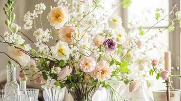 ai genererad vår blommor i årgång vas, skön blommig arrangemang, Hem dekor, bröllop och blomsterhandlare design foto