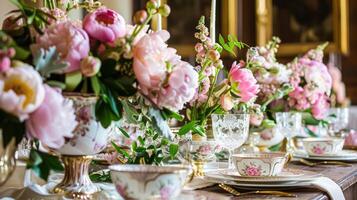 ai genererad bröllop dekoration med pioner, blommig dekor och händelse firande, pion blommor och bröllop ceremoni i de trädgård, engelsk Land stil foto