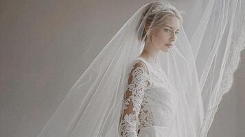 ai genererad klassisk brud- porträtt med filma spannmål effekt, brud i bröllop klänning bär en slöja, skönhet stil och bröllop mode kampanj foto