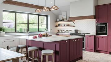 ai genererad modern stuga vinröd kök med modern beslag och marmor bänkskivor foto