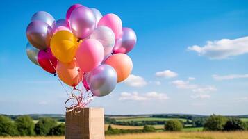 ai genererad post service, affär leverans och uppkopplad handla, flygande ballonger bärande en paket låda i de landsbygden på en solig dag, generativ ai foto
