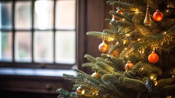 ai genererad jul träd dekorationer för de engelsk Land stuga, Hem dekor, hus i de landsbygden och Semester firande foto