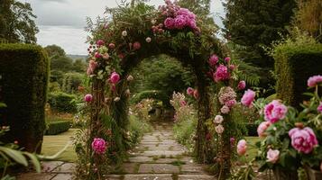 ai genererad bröllop dekoration med pioner, blommig dekor och händelse firande, pion blommor och bröllop ceremoni i de trädgård, engelsk Land stil foto