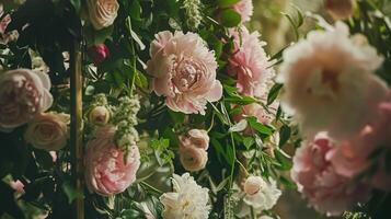 ai genererad bröllop dekoration med pioner, blommig dekor och händelse firande, pion blommor och bröllop ceremoni i de trädgård, engelsk Land stil foto